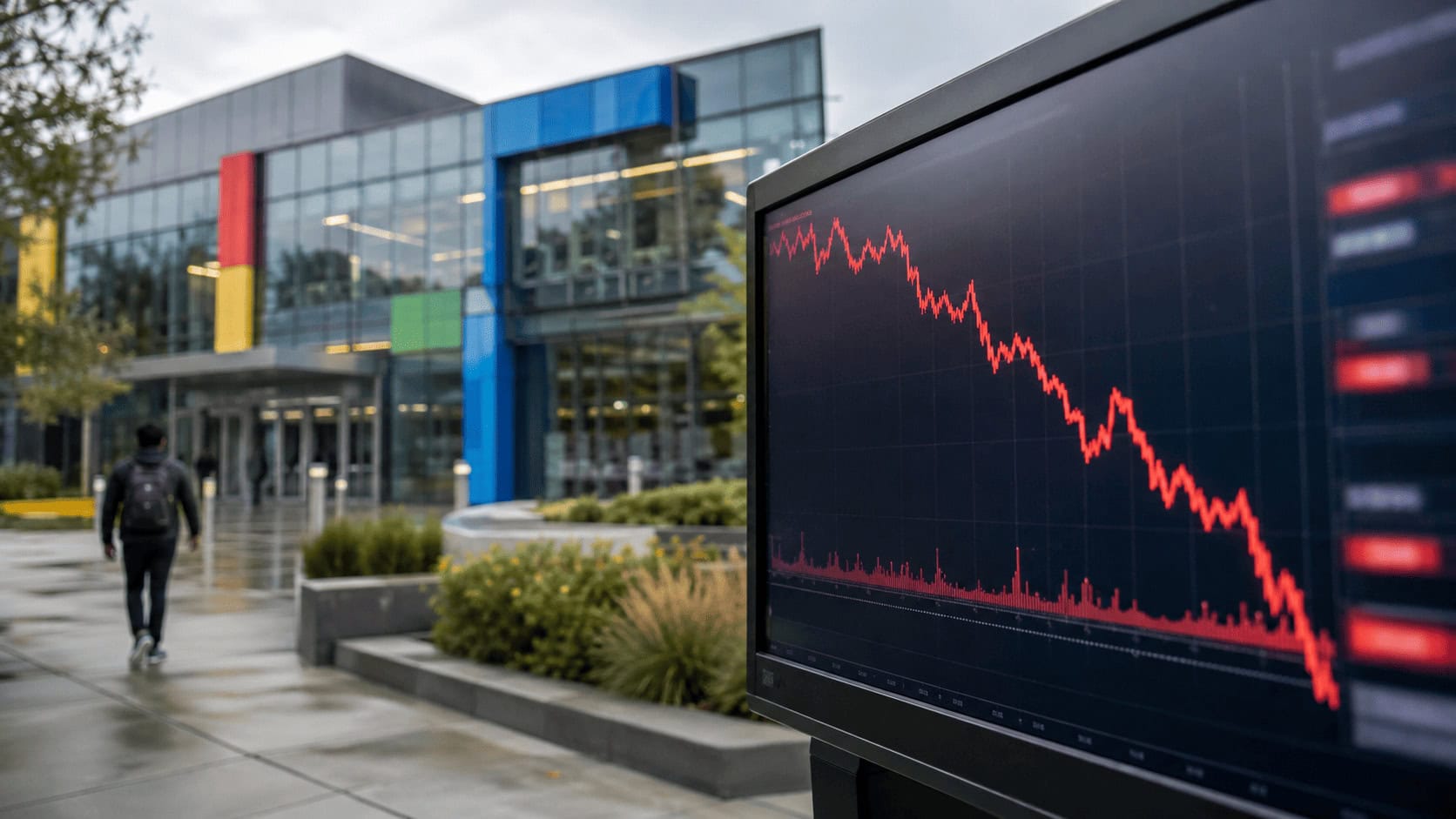 Google campus signage outside a Mountain View office building on a grey morning, with a trading terminal in the foreground showing Alphabet shares falling