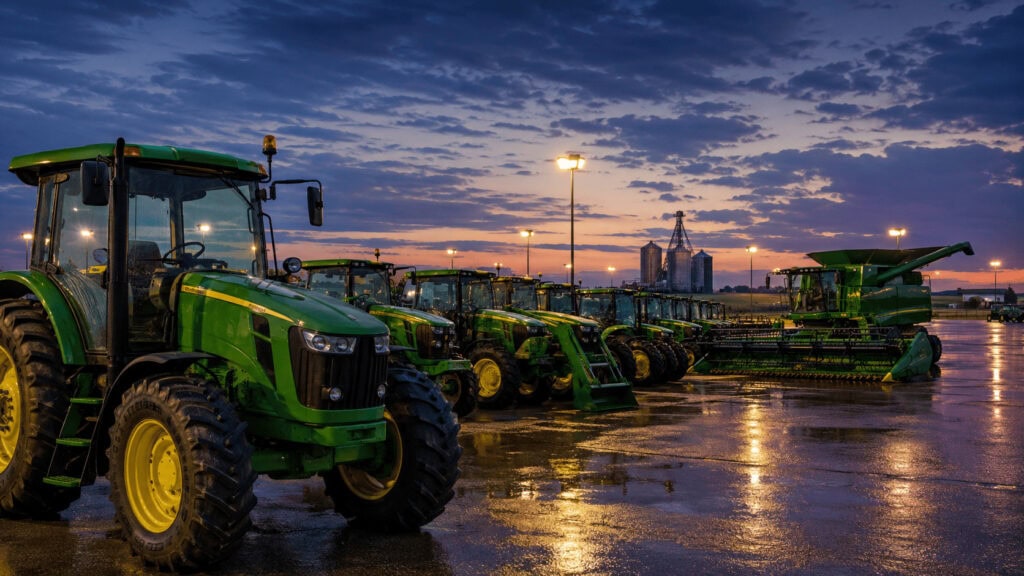 Rows of green and yellow agricultural tractors and combines parked across a dealership lot at dusk under overhead lights