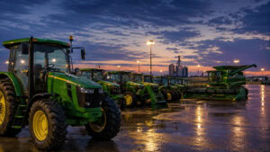 Rows of green and yellow agricultural tractors and combines parked across a dealership lot at dusk under overhead lights