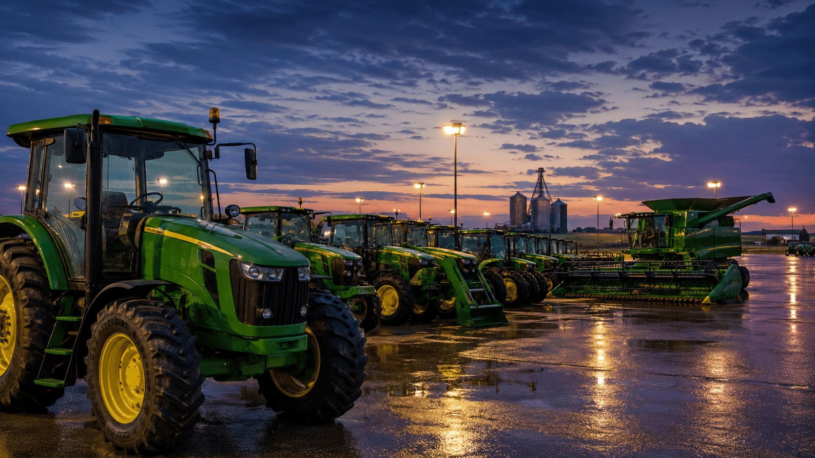Rows of green and yellow agricultural tractors and combines parked across a dealership lot at dusk under overhead lights