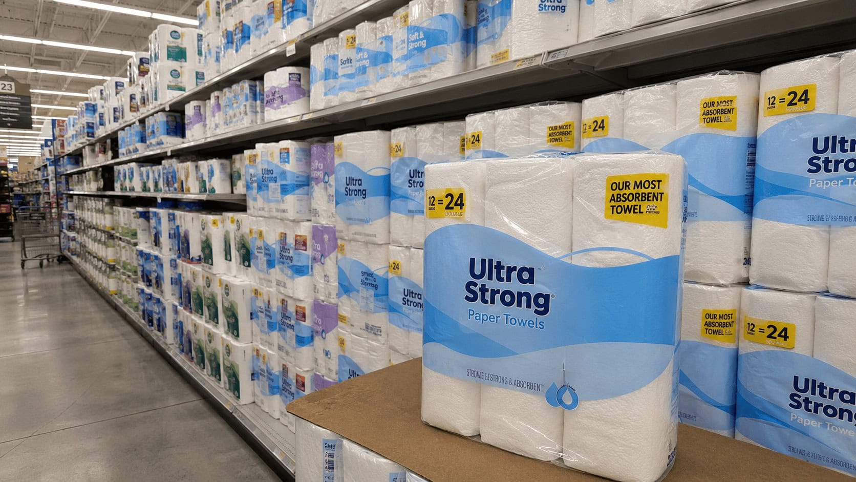 Supermarket paper goods aisle with branded and store-brand toilet paper and paper towel multipacks on stocked shelves