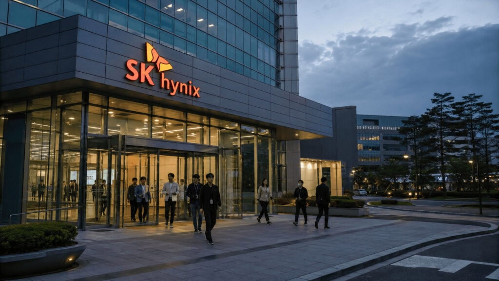 SK hynix corporate campus at dusk as employees leave the building, illustrating the chip bonus and stock-payment dispute in South Korea