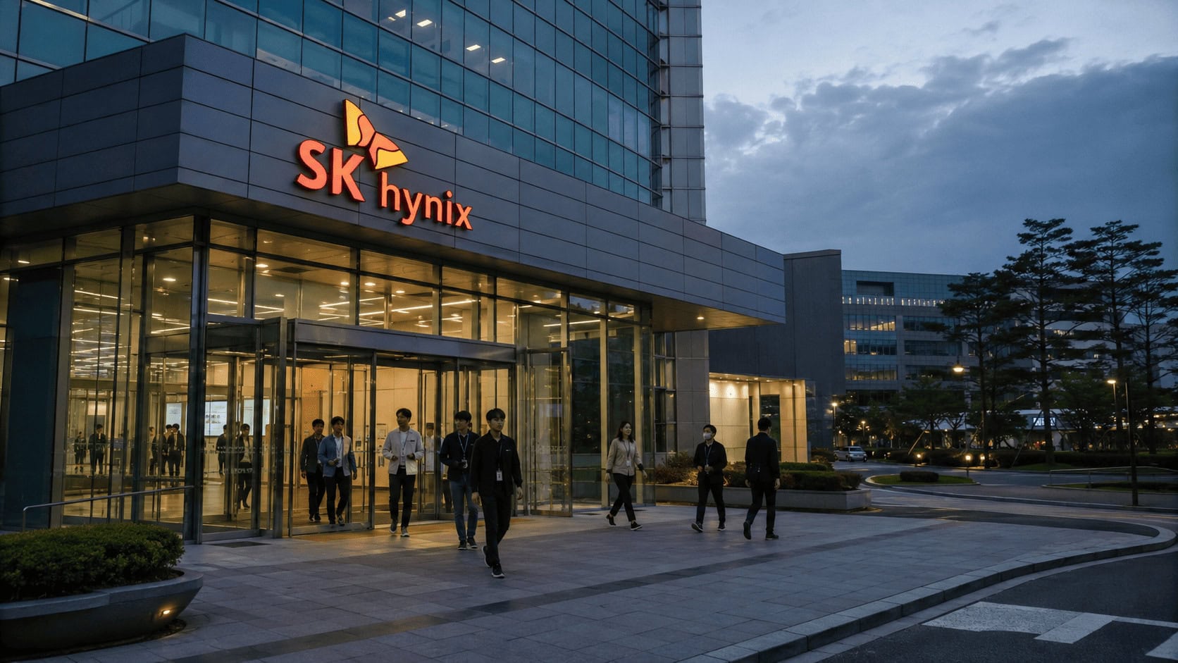 SK hynix corporate campus at dusk as employees leave the building, illustrating the chip bonus and stock-payment dispute in South Korea