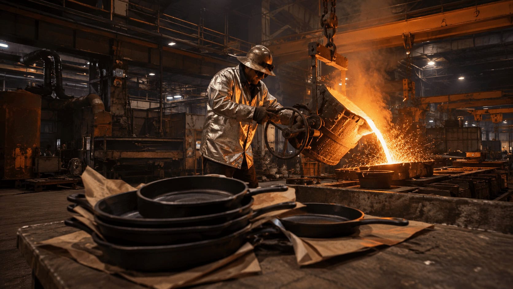 Worker pouring molten iron at a Tennessee cast iron foundry with finished black skillets stacked in the foreground