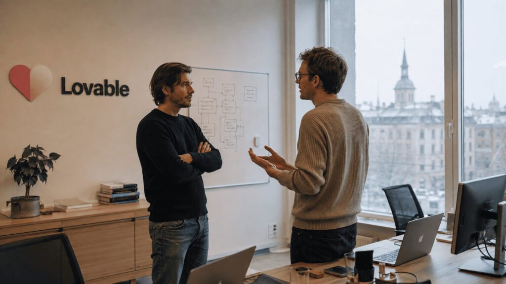 Two founders standing in a bright Stockholm tech office with the Lovable logo on the wall behind them, laptops open on a long desk and a whiteboard covered in architecture diagrams.