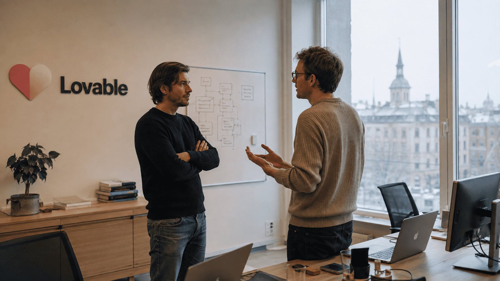Two founders standing in a bright Stockholm tech office with the Lovable logo on the wall behind them, laptops open on a long desk and a whiteboard covered in architecture diagrams.
