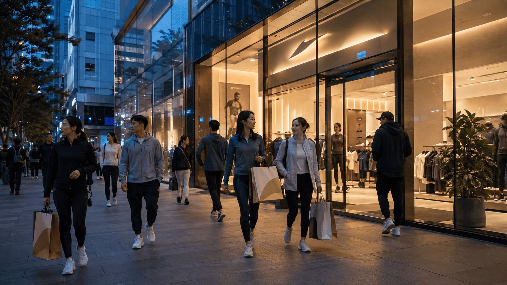 Shoppers outside a premium athleisure store in a Chinese city at dusk