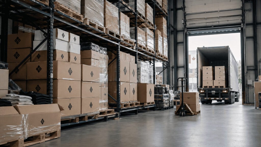 Cross-border distribution warehouse loading activewear cartons onto a freight trailer bound for the United States.