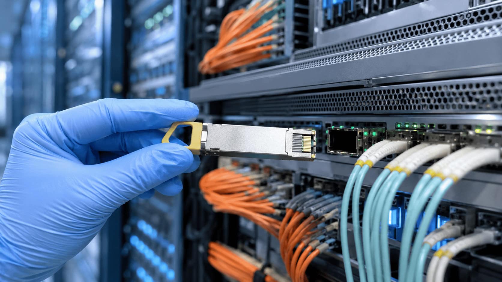 A gold-fingered optical transceiver module held above a row of illuminated AI server racks threaded with orange fiber-optic cabling.