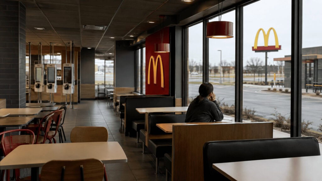 Sparsely occupied McDonald's dining room at midday with golden arches signage visible through the window and an empty drive-thru lane outside