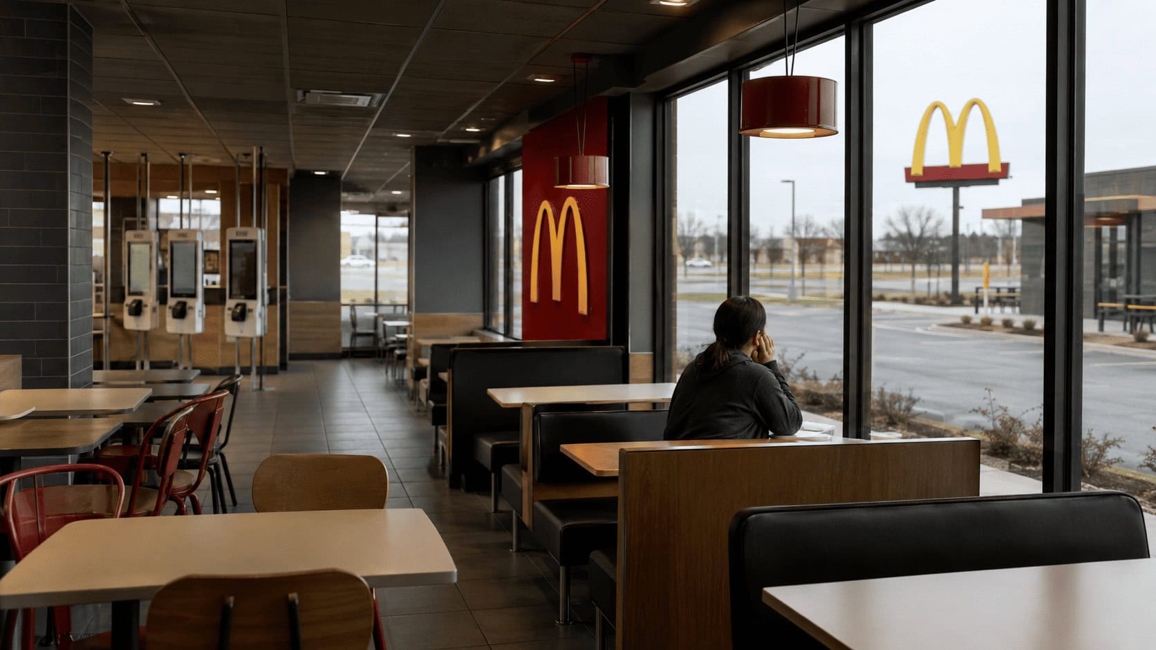 Sparsely occupied McDonald's dining room at midday with golden arches signage visible through the window and an empty drive-thru lane outside