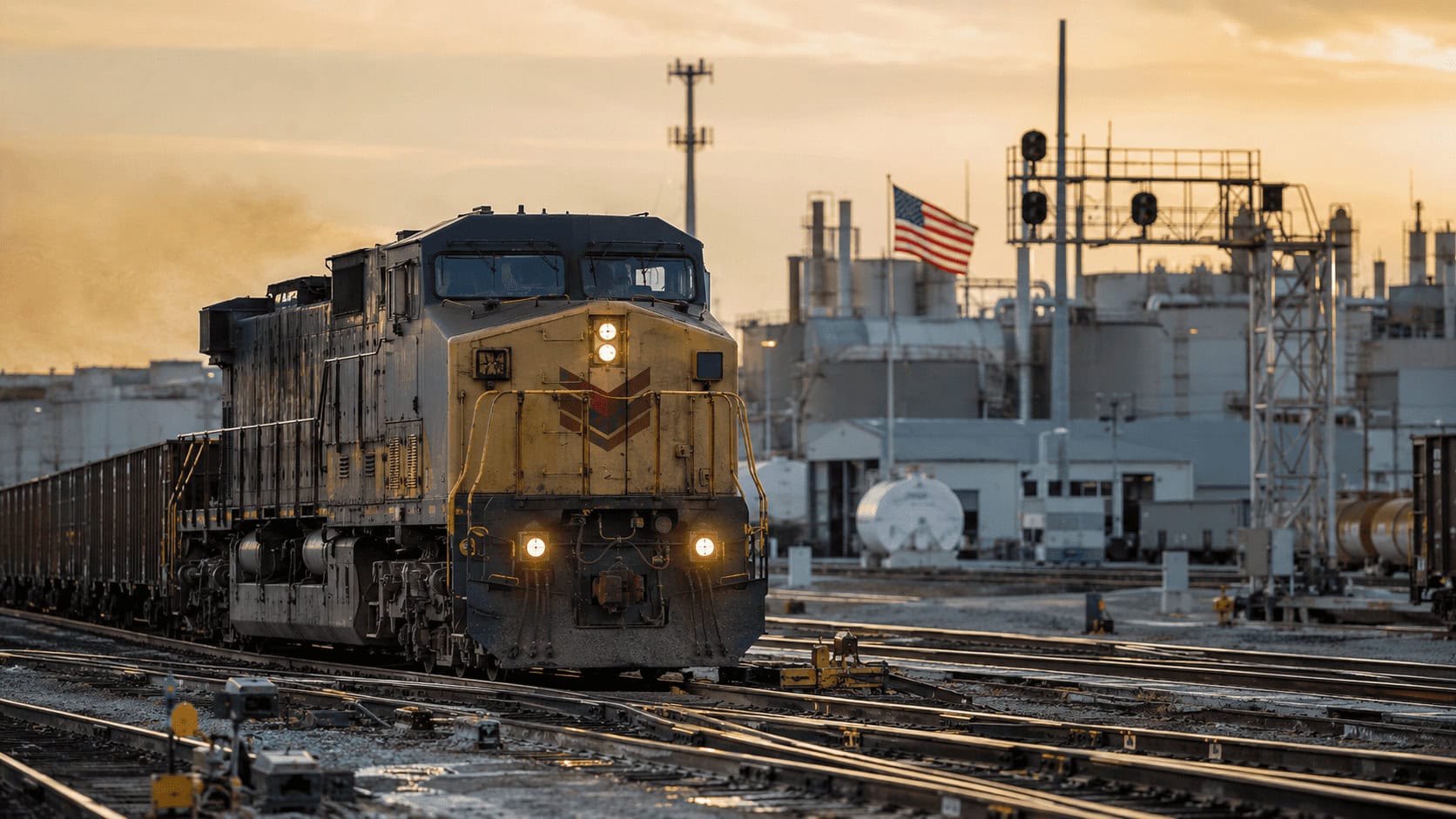 Freight locomotive in a rail yard beside an American flag, evoking the government's proposed stake in the Union Pacific merger.