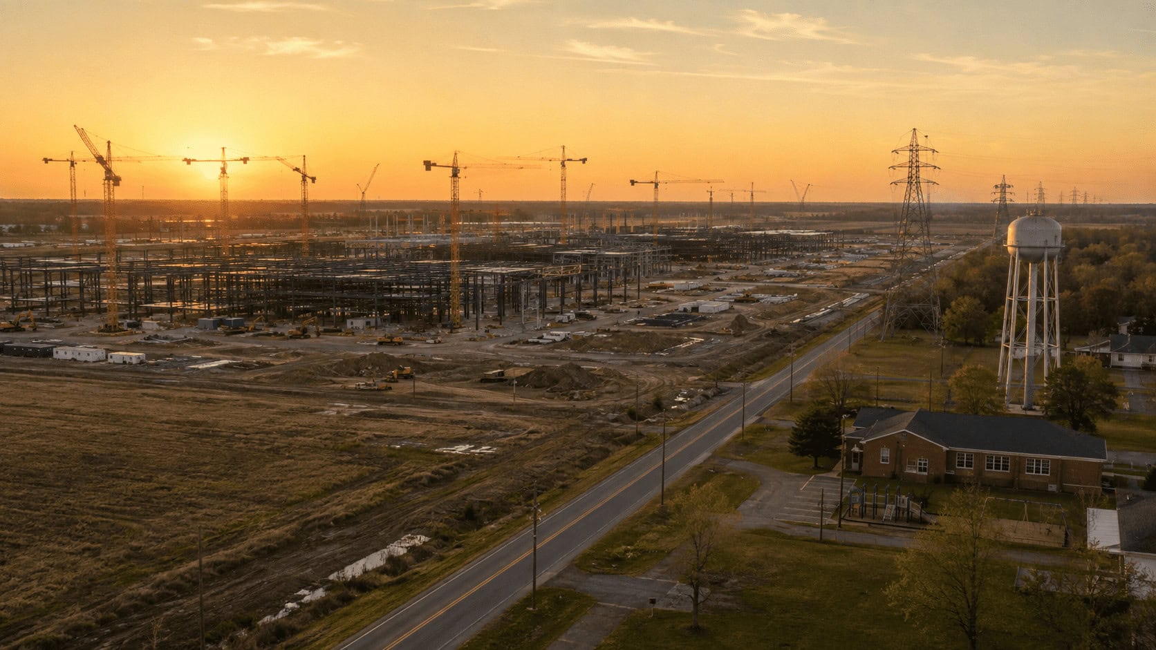 Cranes and steel frames rise over a rural Louisiana data center construction site, with a small-town school and water tower visible at the edge of the field.