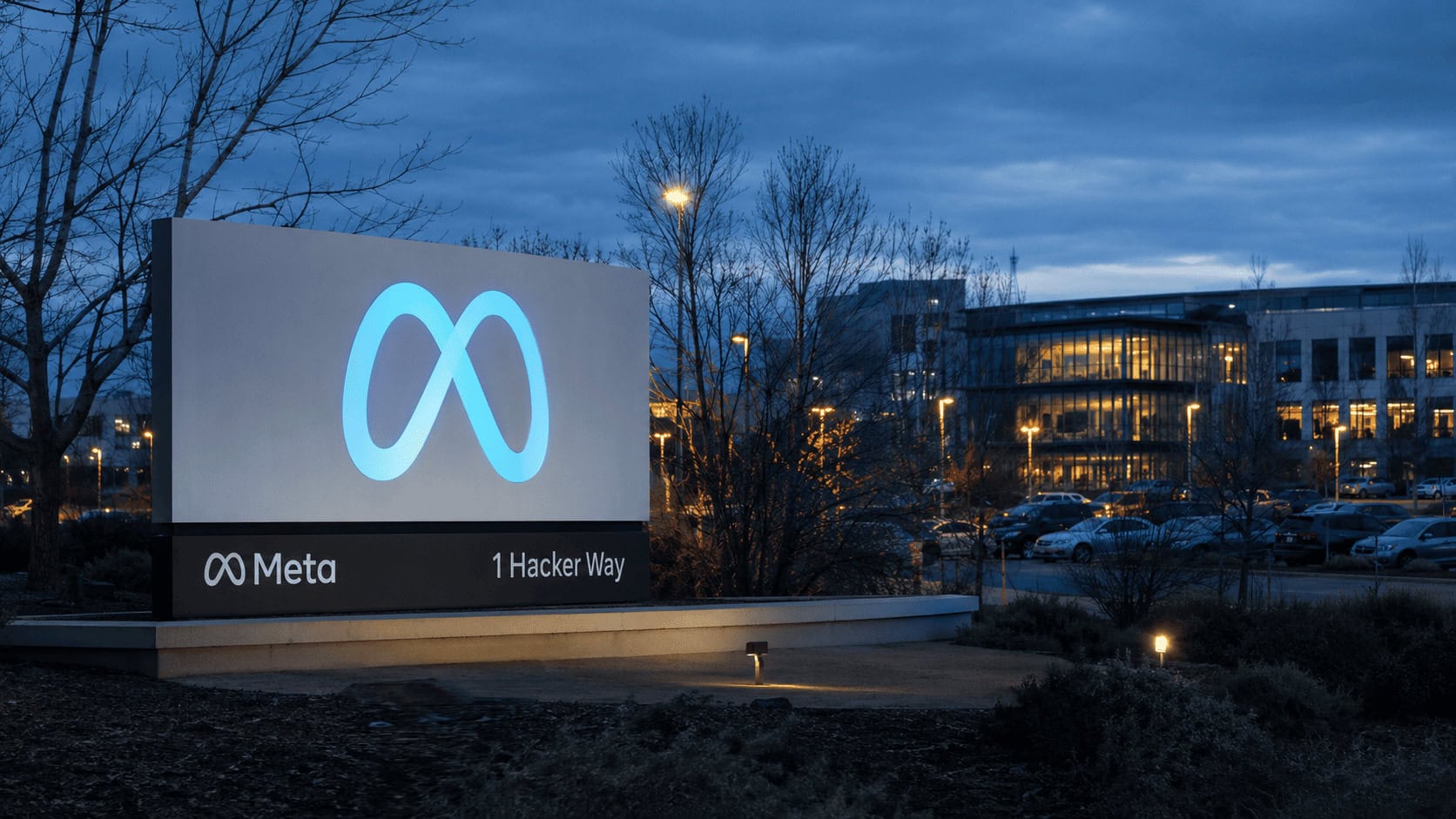 Meta's Menlo Park headquarters sign at dusk with the company logo lit against an overcast sky