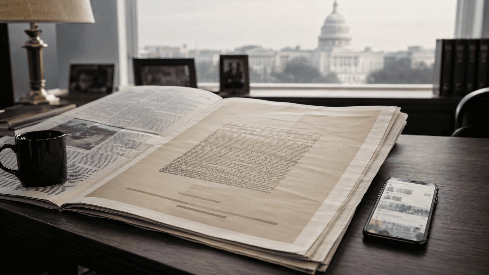 Full-page newspaper advertisement open on a desk beside a smartphone showing Instagram, with the US Capitol visible through a window