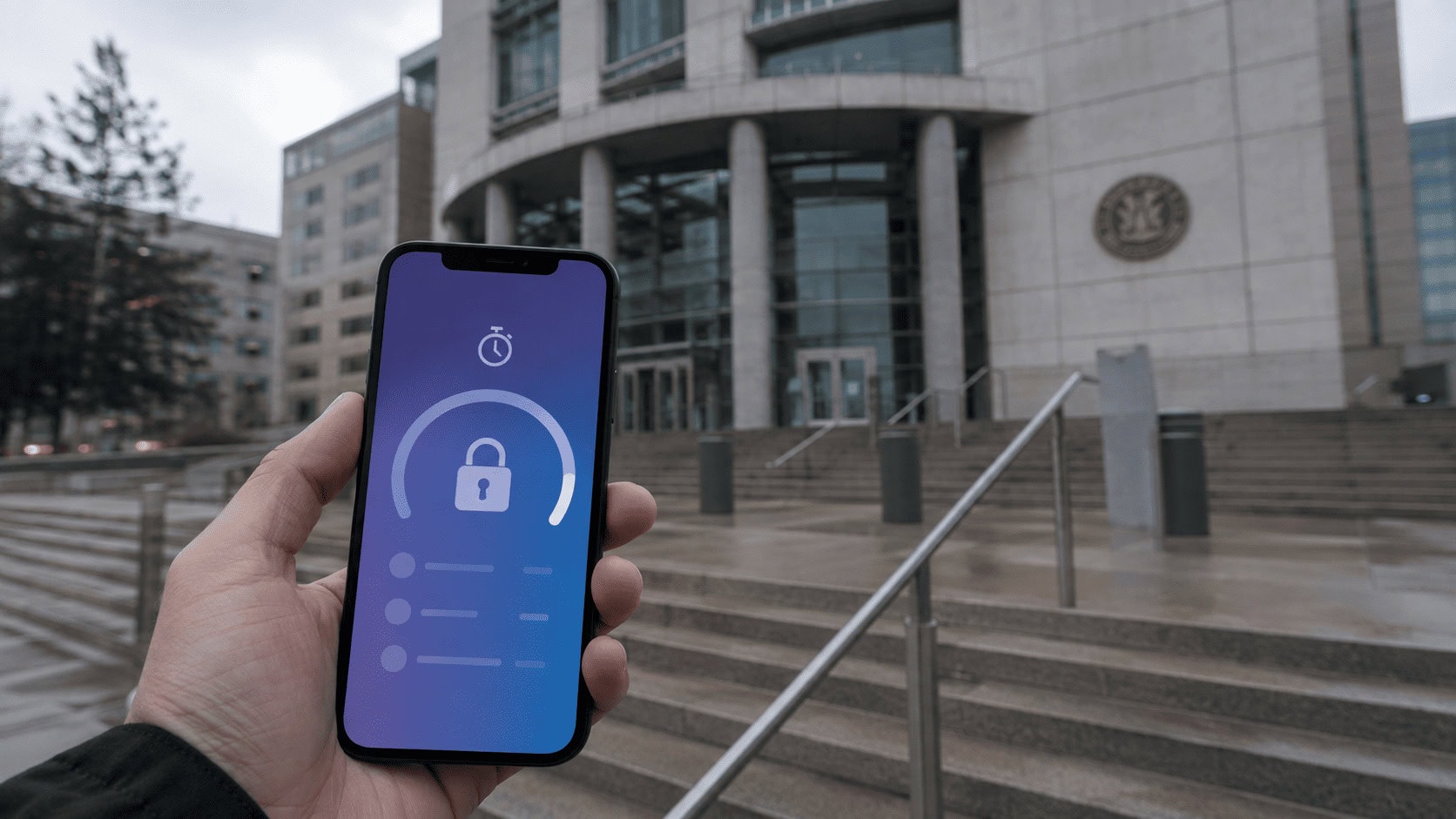 Federal courthouse exterior in Oakland, California, with the Meta and Instagram logos visible on a smartphone screen held in the foreground
