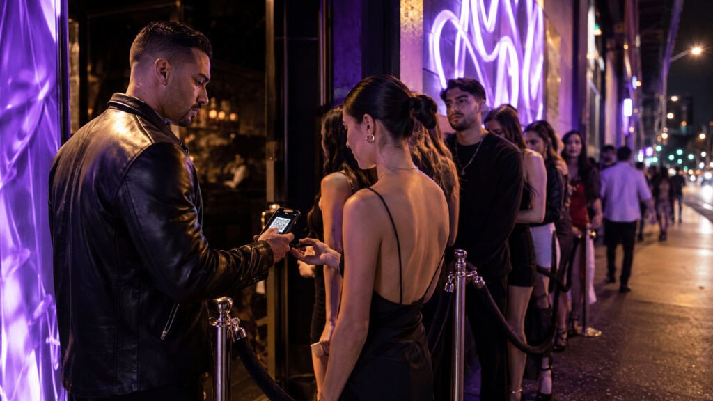Crowd lined up outside a Los Angeles nightclub entrance at night while a promoter scans a phone at the door