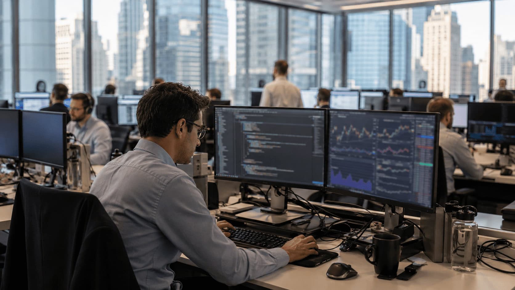 Software developer working at a desk on a Midtown Manhattan bank trading floor with the New York skyline visible through the window