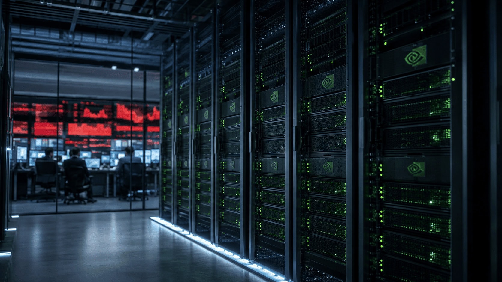 Nvidia GPU server racks glowing in a dark data center hall while a financial trading floor is visible through a glass partition behind them