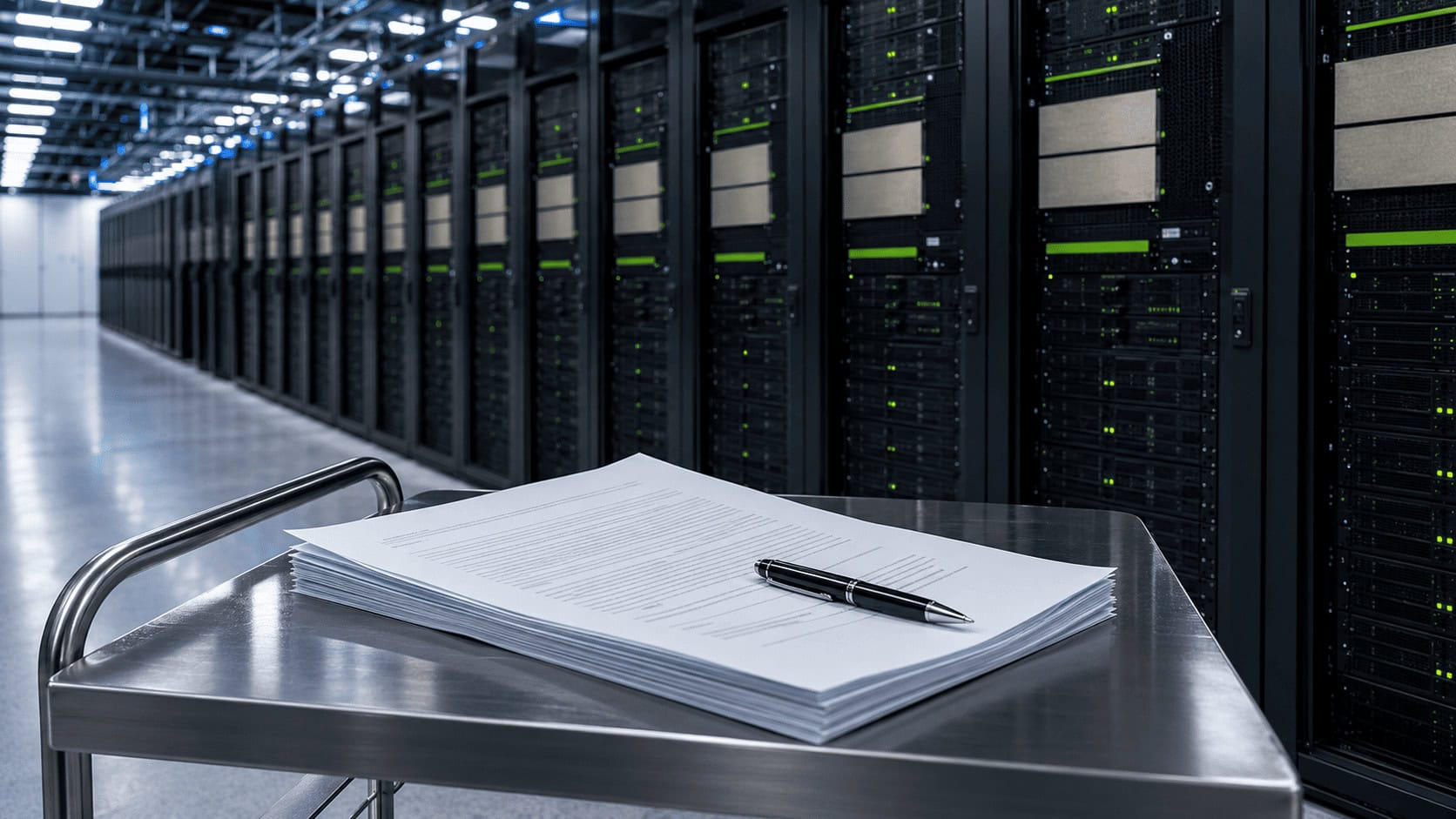 Rows of Nvidia GPU server racks in an AI data center with a printed contract on a cart in the foreground.