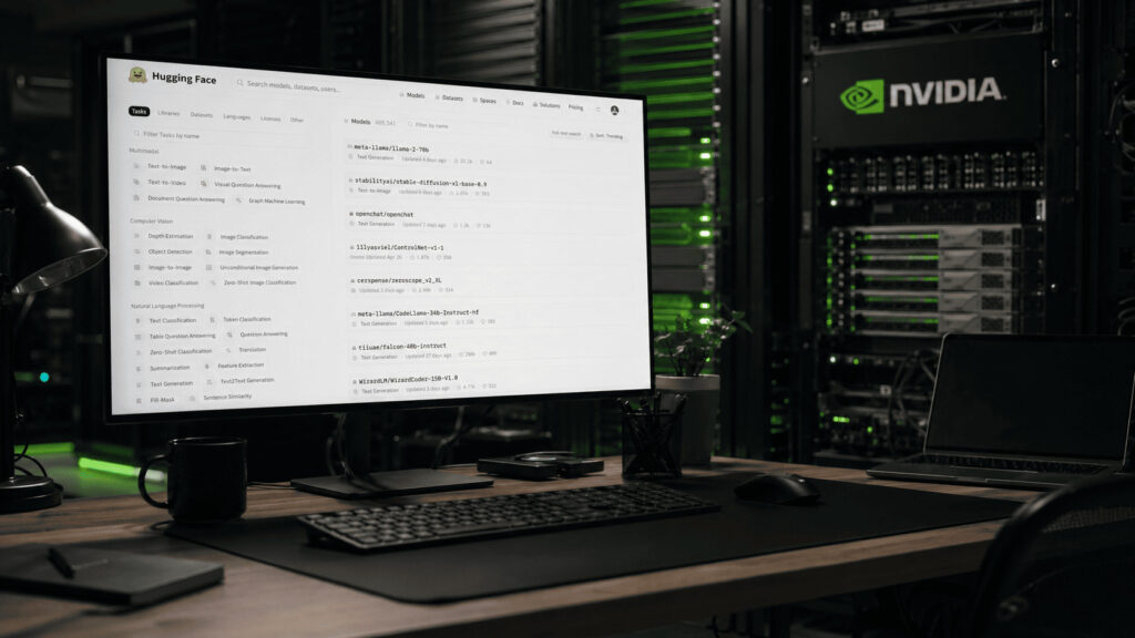 A developer workstation showing the Hugging Face model hub in front of Nvidia server hardware.
