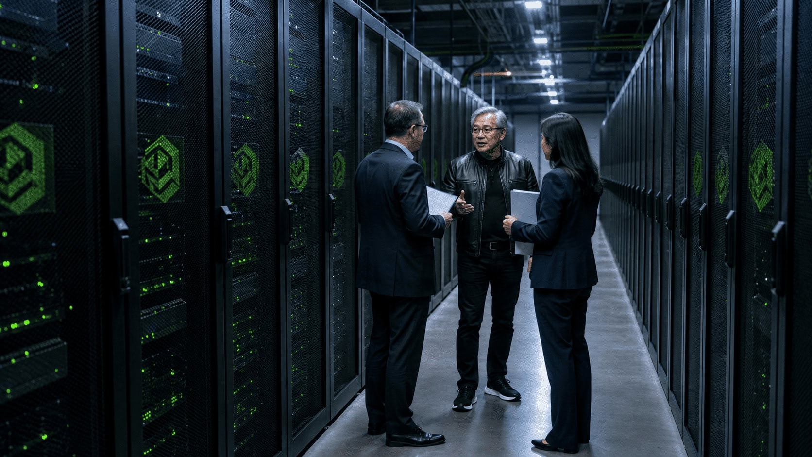 Jensen Huang in his black leather jacket speaking on stage in front of an Nvidia-branded backdrop, with a rack of green-lit GPU servers visible behind him.