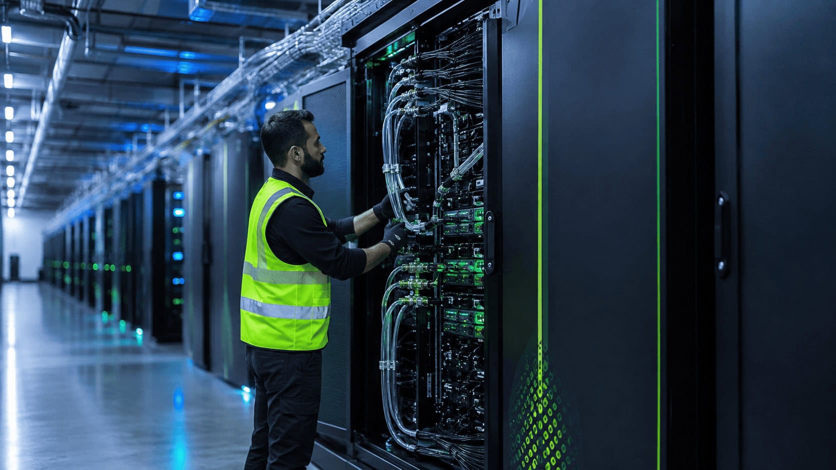 Technician beside a liquid-cooled AI server rack in a data center hall, representing Nvidia's Vera Rubin generation.