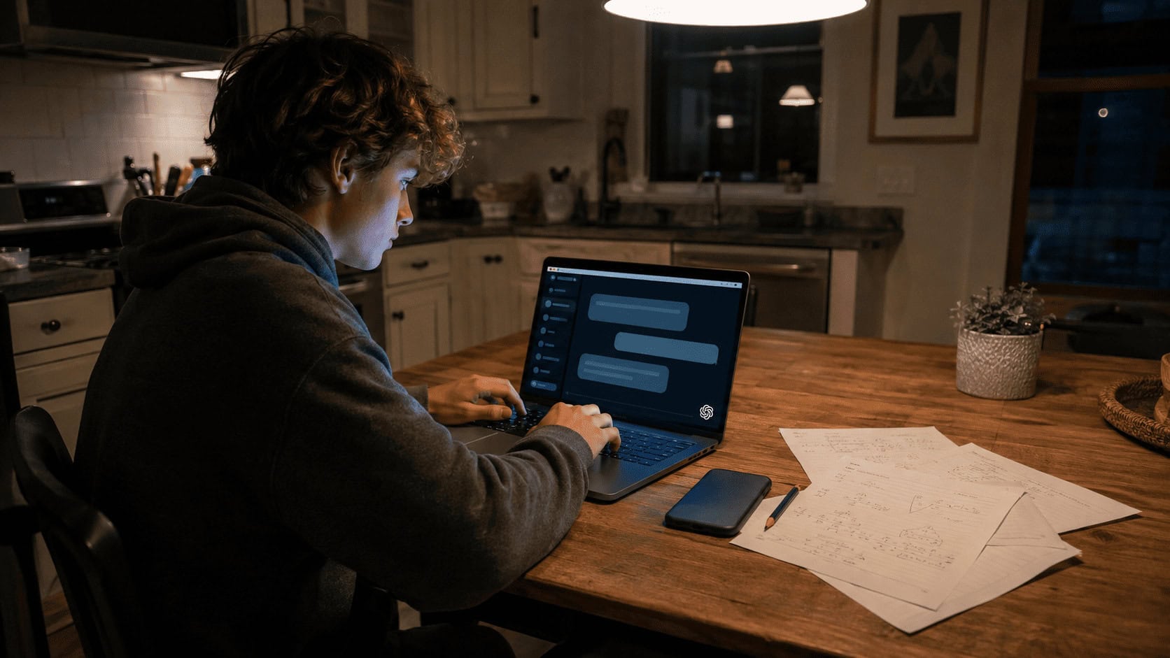 A teenager working at a kitchen table at night with a laptop open to a chat assistant interface, homework papers and a phone beside it