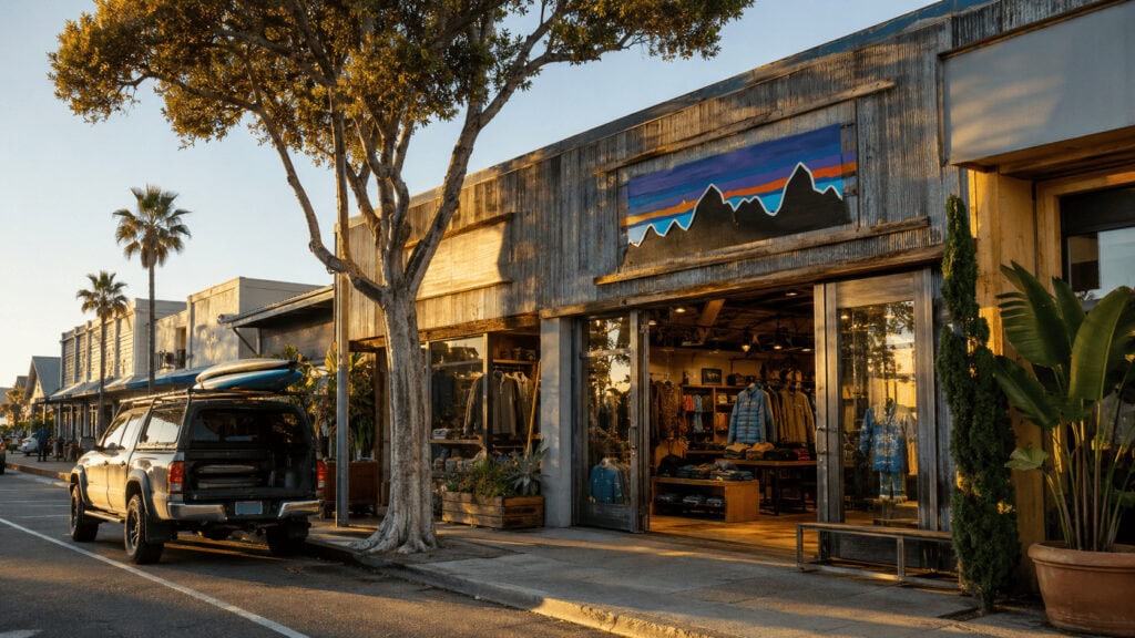 Patagonia store exterior in California with the brand's mountain-skyline logo on the facade