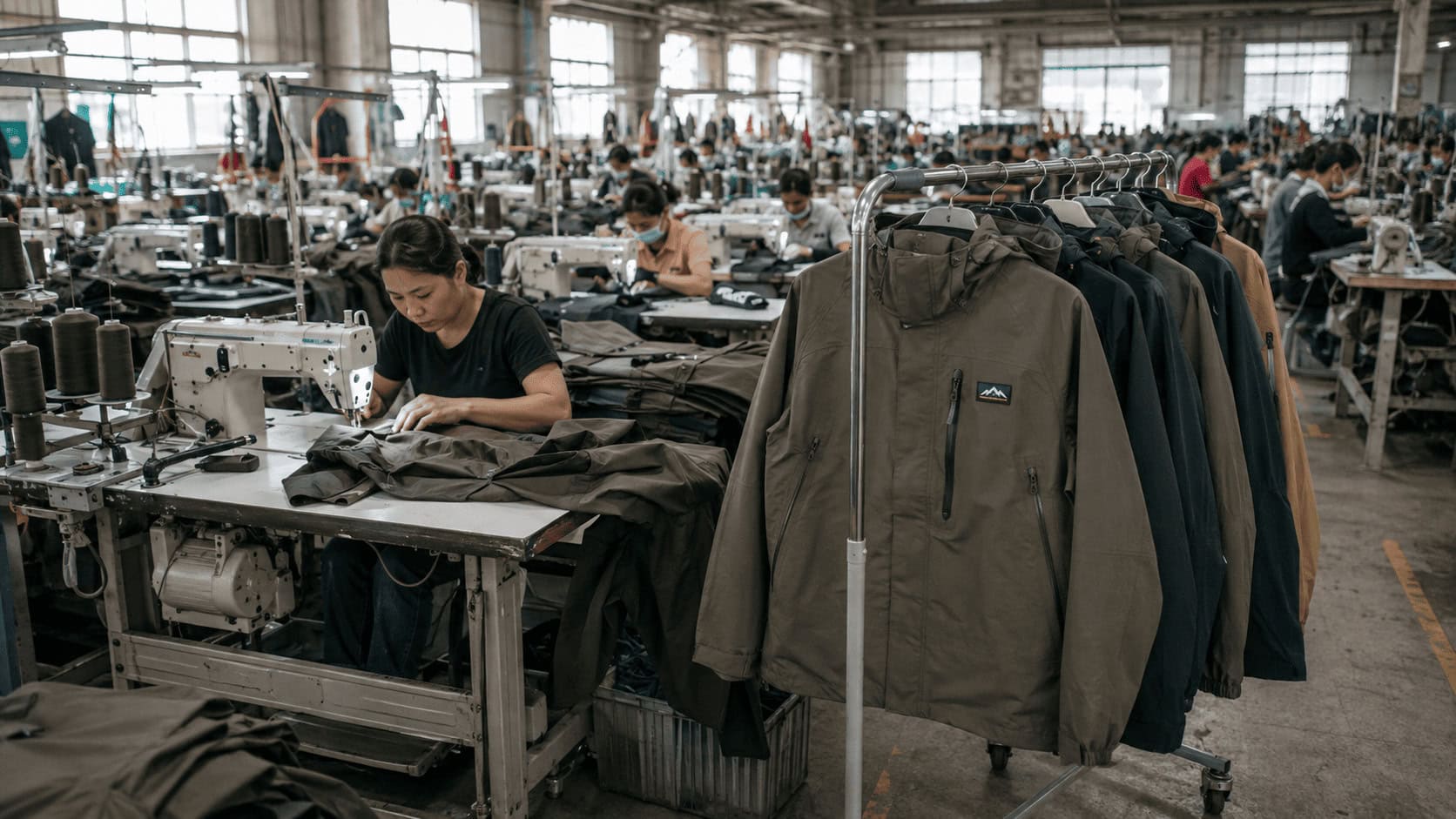 Workers sewing technical outdoor jackets in a contract apparel factory, the stage of the value chain Patagonia does not own.