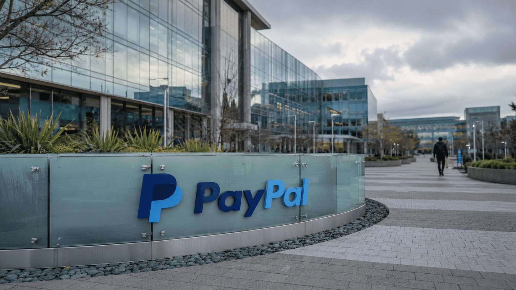 PayPal corporate campus signage in San Jose, California, after the collapse of the Advent and Stripe takeover bid.