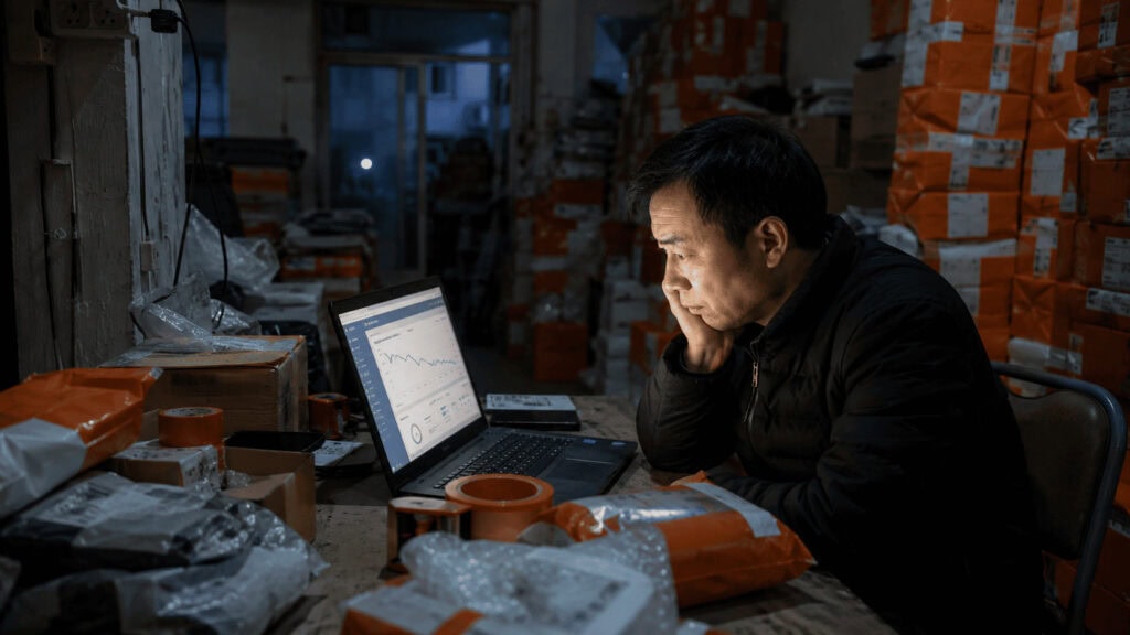 A Chinese marketplace merchant works late at a laptop showing an advertising bid dashboard, surrounded by stacked orange e-commerce parcels.