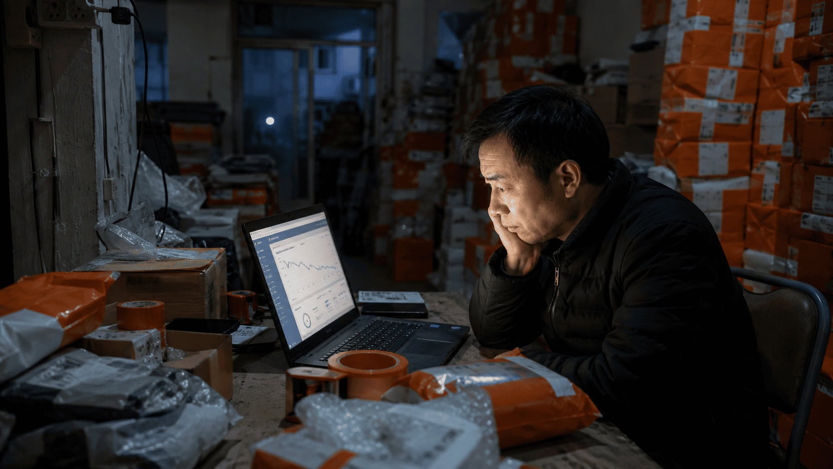 A Chinese marketplace merchant works late at a laptop showing an advertising bid dashboard, surrounded by stacked orange e-commerce parcels.