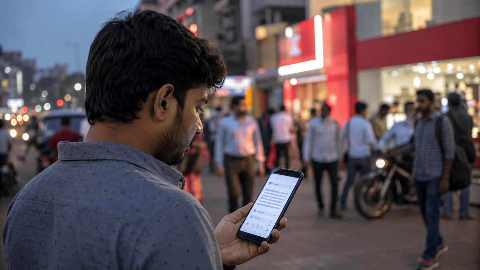 Young man on a busy Delhi street checking an AI search app on his phone, with a red telecom storefront behind him