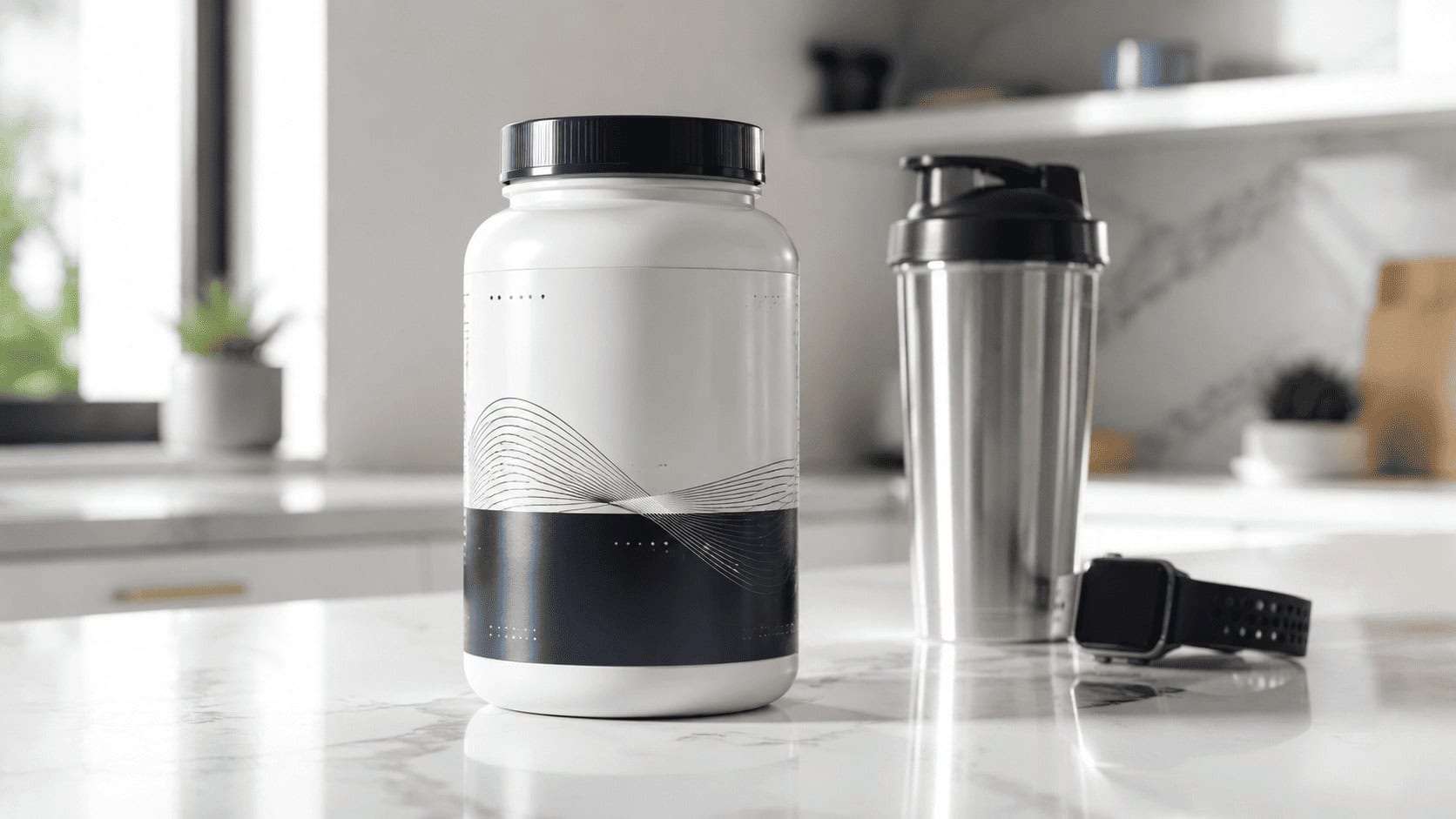 A sleek white-and-navy premium supplement bottle on a bright modern kitchen counter beside a shaker bottle and smartwatch, evoking Thorne's clinical, athlete-focused wellness brand.
