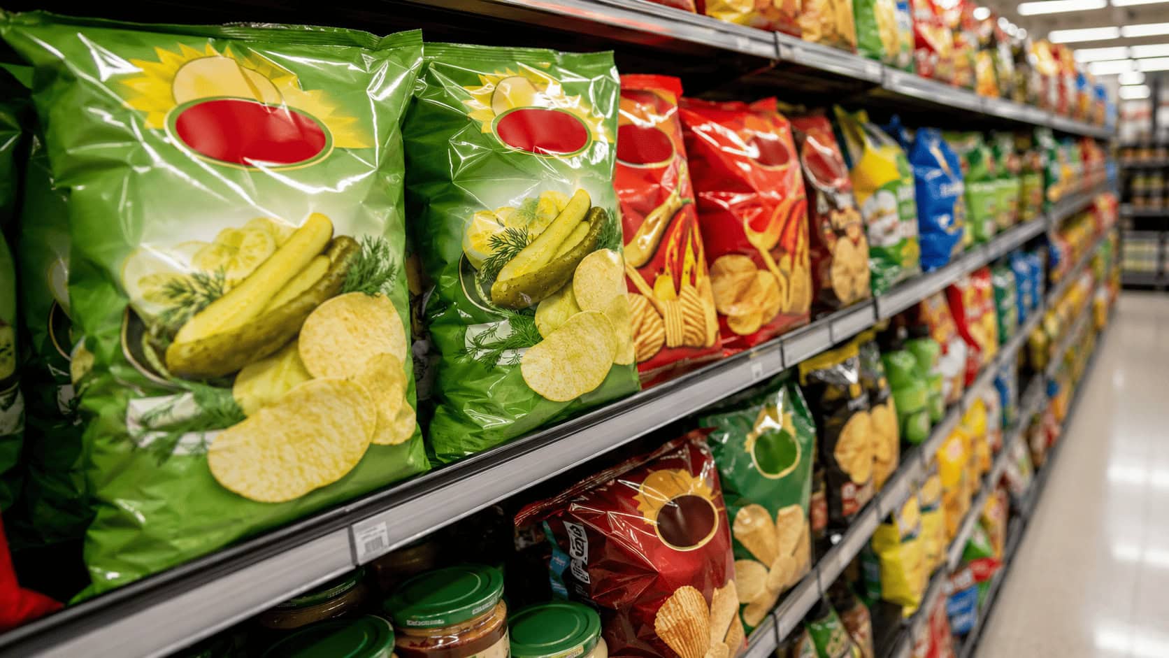 Supermarket snack aisle shelves stacked with pickle-flavoured chip bags