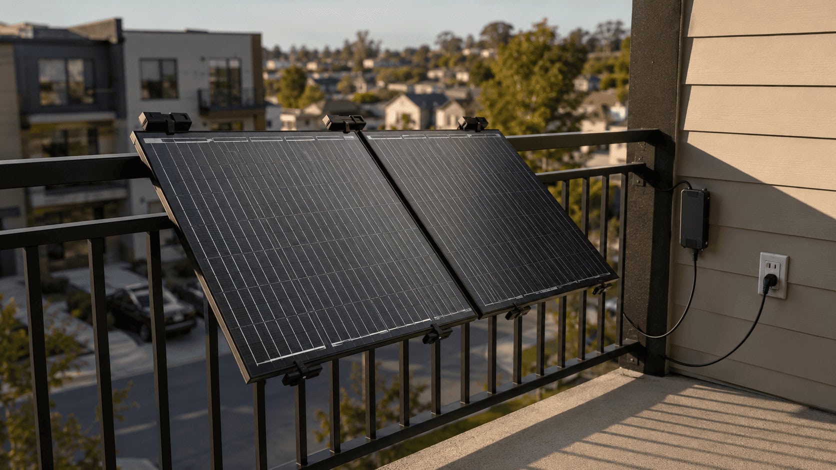Plug-in solar panels mounted on an apartment balcony railing, connected to a standard wall outlet.