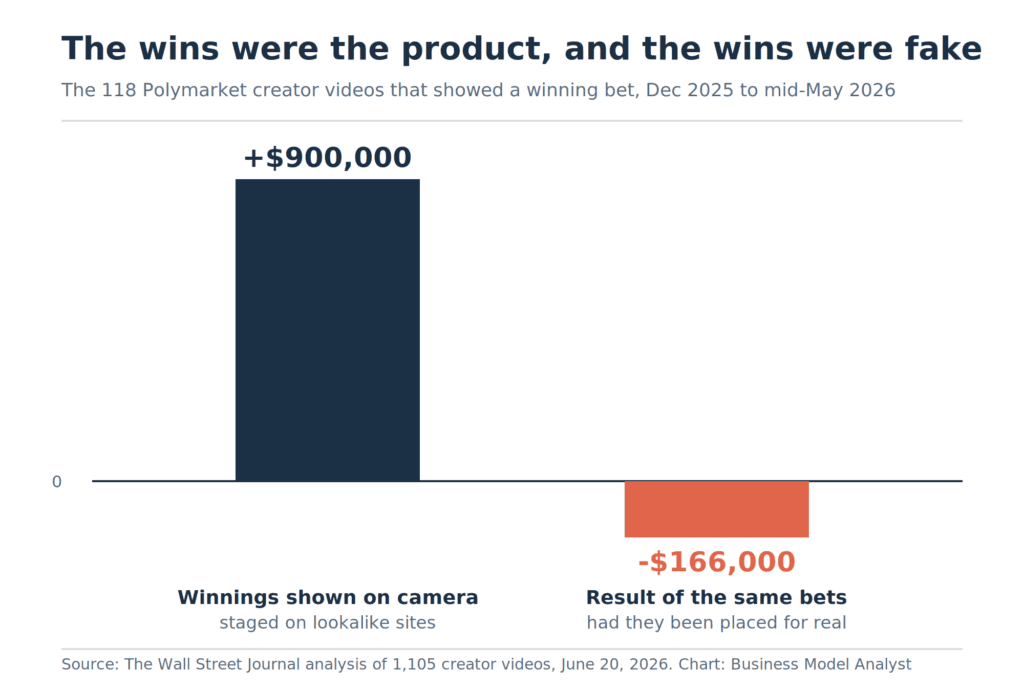 Diverging bar chart comparing 900,000 dollars in winnings shown on camera across 118 Polymarket creator videos against a 166,000 dollar loss those same bets would have produced in live markets