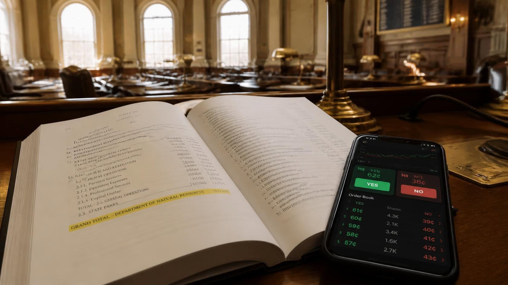 Open state budget bill on a legislative desk beside a smartphone showing a prediction market trading app with yes and no contract prices