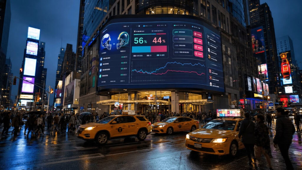 Illuminated prediction market betting odds displayed on a Times Square digital billboard above yellow taxis in New York City at dusk