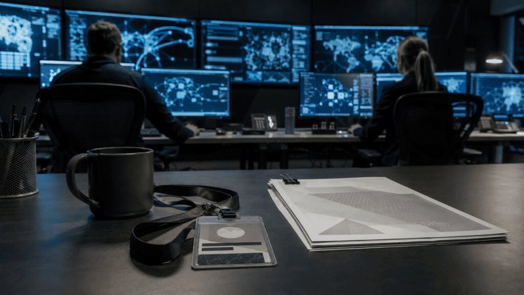 A private-sector security operations centre at night, rows of analyst desks facing a wall of monitors, with a laminated federal contractor badge and a signed government contract on the desk in the foreground.