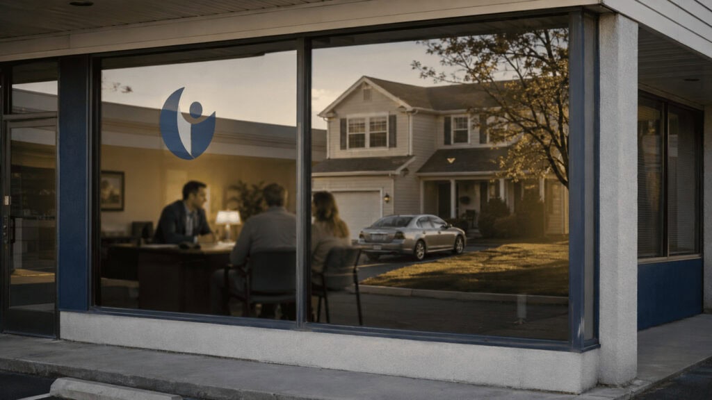 El escaparate de una agencia de seguros en un centro comercial suburbano refleja una casa familiar con un coche en la entrada, ilustrando el modelo de hogar y automóvil integrados en la estrategia de crecimiento de Progressive