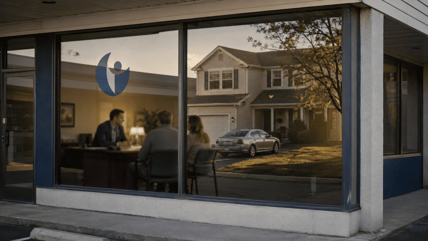 El escaparate de una agencia de seguros en un centro comercial suburbano refleja una casa familiar con un coche en la entrada, ilustrando el modelo de hogar y automóvil integrados en la estrategia de crecimiento de Progressive