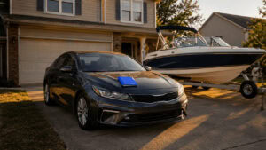 Suburban home with two vehicles and a boat trailer in the driveway, representing the bundled auto and home household Progressive calls a Robinson.