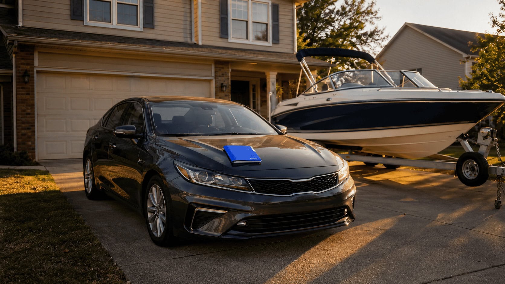 Suburban home with two vehicles and a boat trailer in the driveway, representing the bundled auto and home household Progressive calls a Robinson.