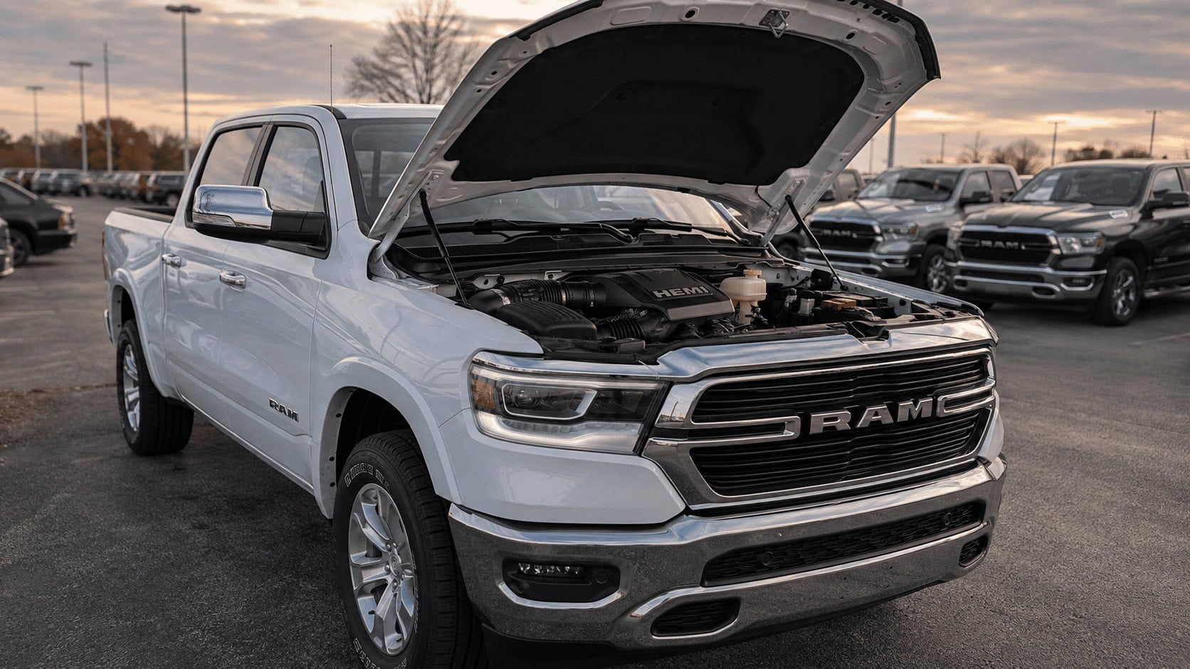 A new Ram 1500 pickup with the hood open showing its 5.7-litre Hemi V-8 engine on a dealership lot