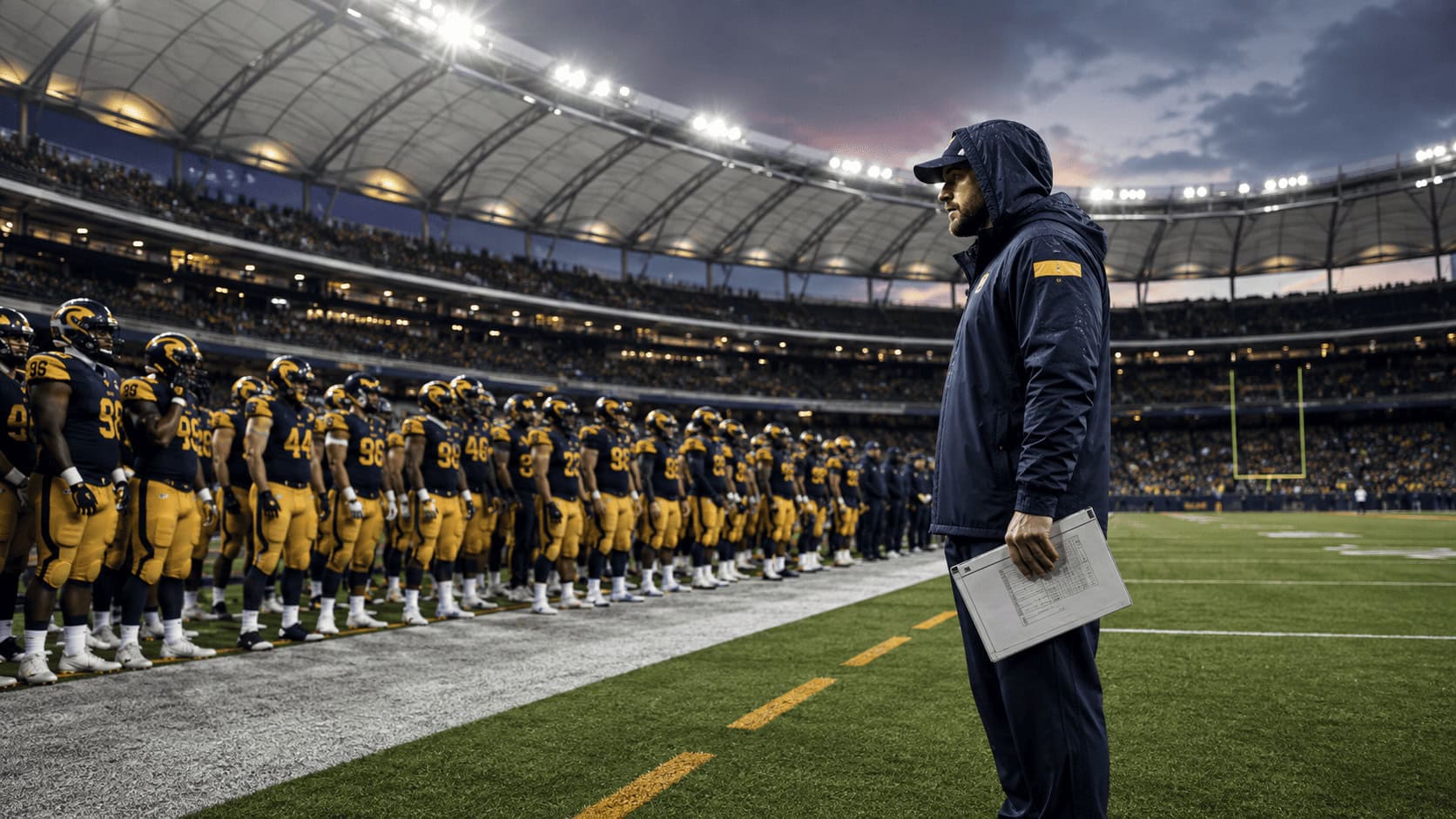Los Angeles Rams players in blue and gold jerseys lined up on the field at a large domed stadium before kickoff
