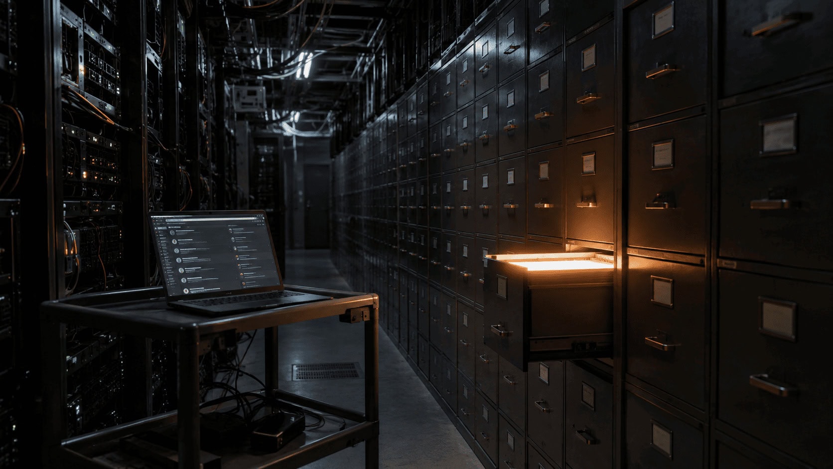"A vast archive of filing cabinets with one drawer open and lit, illustrating Reddit's 26 billion post corpus