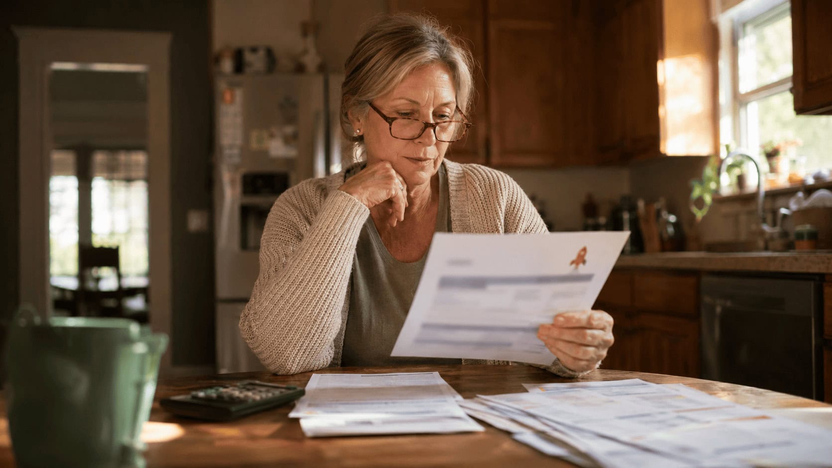 A homeowner at a kitchen table reviewing a mortgage refinance offer letter alongside credit card statements, with a suburban house visible through the window.