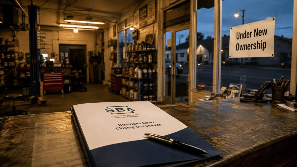 Owner of a small independent auto repair shop standing at the front counter at dusk beside a business acquisition loan closing folder, after buying the business with SBA 7(a) financing
